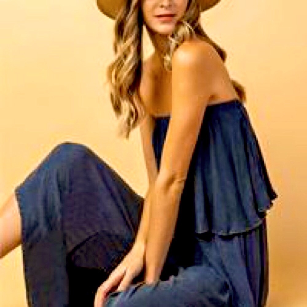 INDIGO MINERAL WASHED RUFFLE JUMPSUIT - Picture 2 of 5